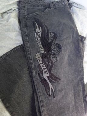 Harley-Davidson Black and Gray Denim Jeans with Embroidered Eagle Patch